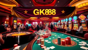 Experience the thrill of the GK88 casino with vibrant tables, exciting gameplay, and colorful chips.