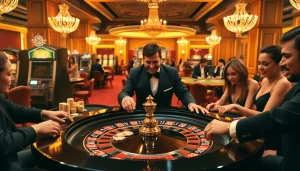 Experience the thrill of winning at https://okwin68.net/ with a luxurious casino atmosphere featuring roulette and excited players.