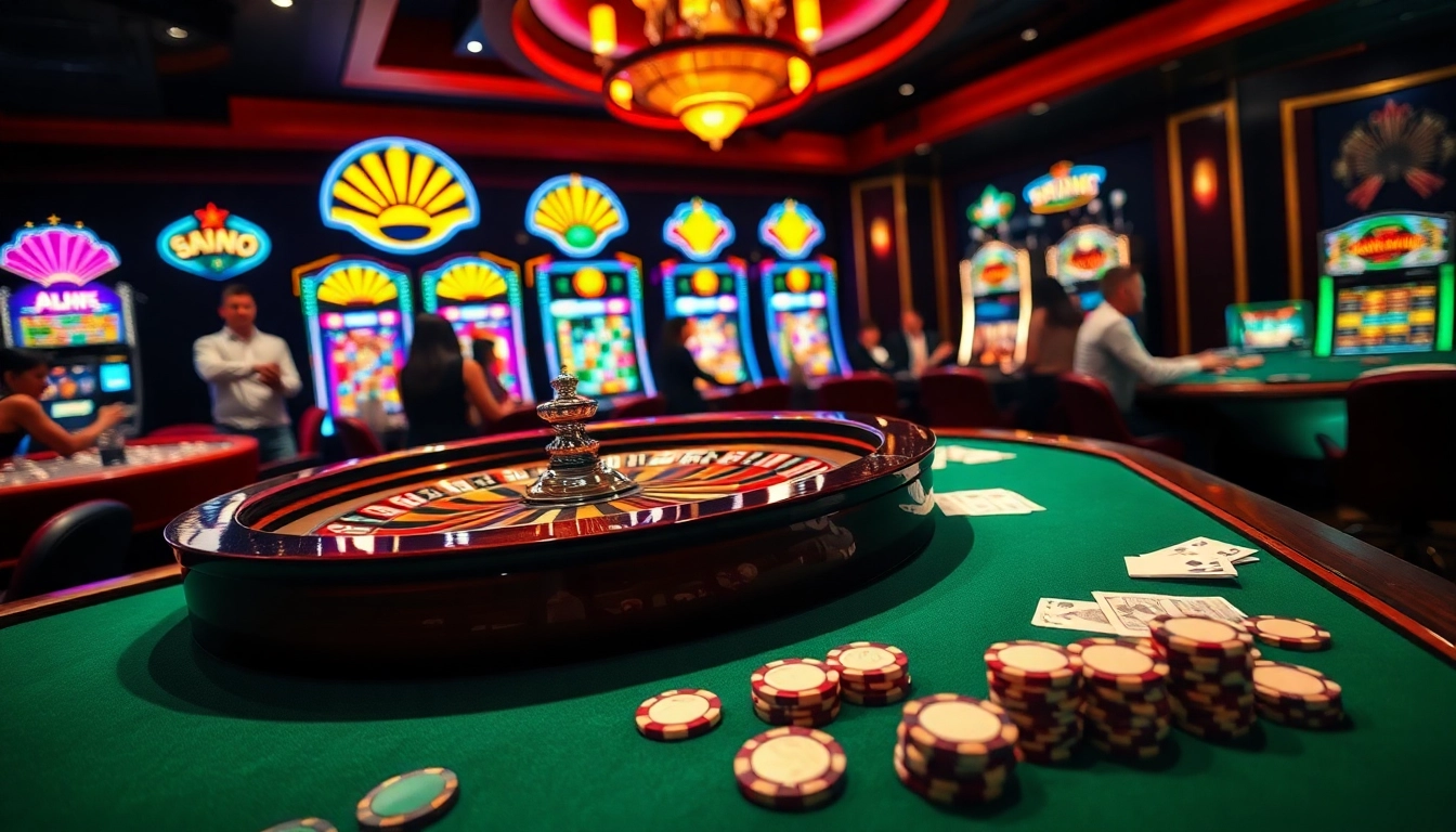 Xôi Xoài Casino scene featuring roulette and poker, creating an exciting gambling atmosphere.