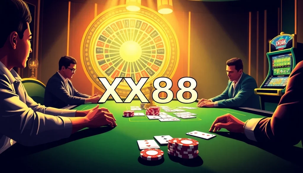 Experience thrilling gameplay at XX88's luxurious online casino with vibrant poker chips and cards.