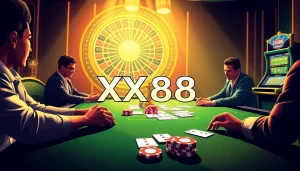 Experience thrilling gameplay at XX88's luxurious online casino with vibrant poker chips and cards.