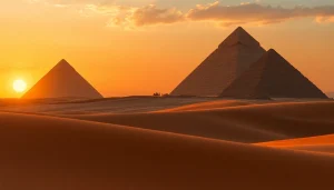 Discover piraminds at sunset with intricate details and dunes in the foreground.