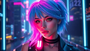 Captivating NSFW AI character in a neon cyberpunk cityscape, showcasing advanced AI technology.