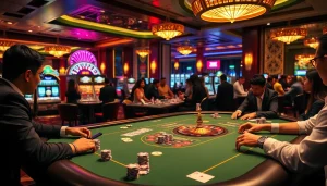 UU88 players engaged in a thrilling poker game at a luxury casino table with vibrant chips and cards.