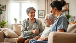 Compassionate in home care austin tx caregiver assisting an elderly client in a cozy setting.