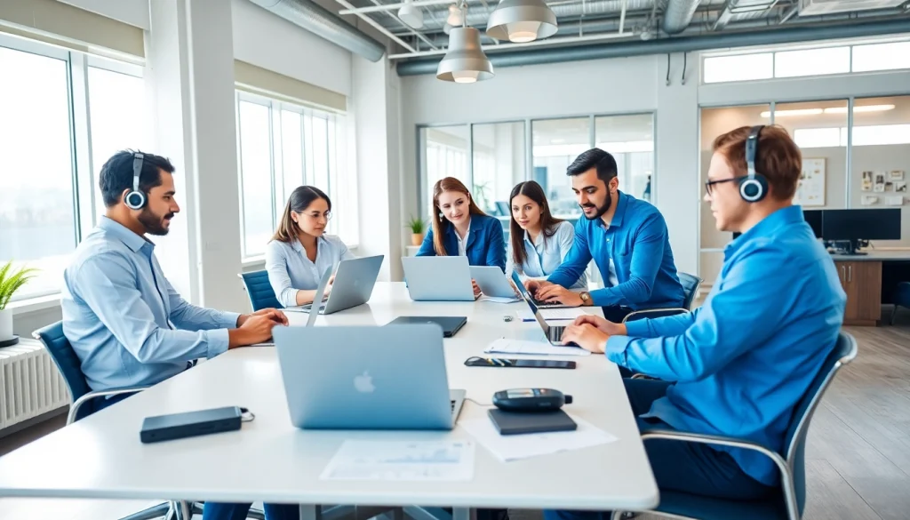 Engaging IT support service team strategizing in a modern office environment.