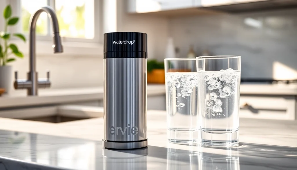 Waterdrop 4396841 Replacement for Everydrop® Filter 3 showcased on a kitchen counter with a glass of water.