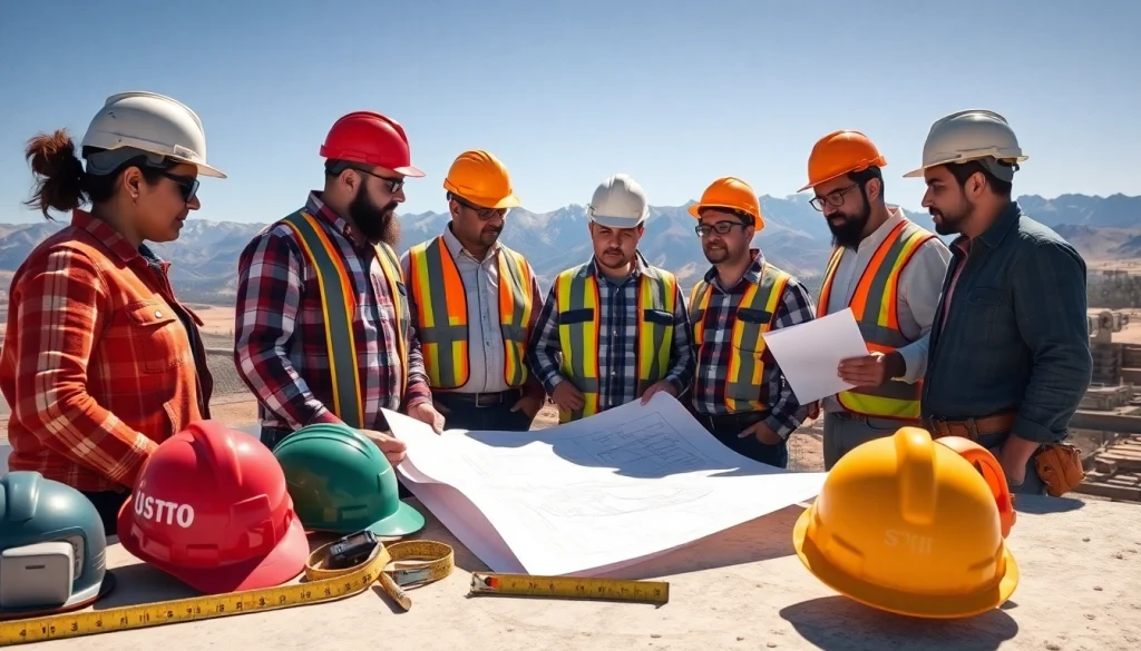 Construction association Colorado team collaborating at a project site with blueprints and Rocky Mountains.