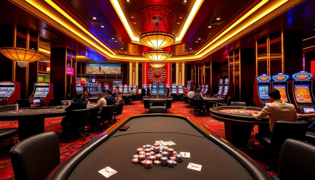 GG88 players enjoying thrilling games at a luxurious casino with vibrant decor.