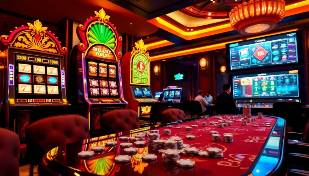 Pemain yang terlibat menikmati aksi slot pulsa yang mendebarkan di kasino yang berwarna-warni.