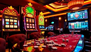 Pemain yang terlibat menikmati aksi slot pulsa yang mendebarkan di kasino yang berwarna-warni.