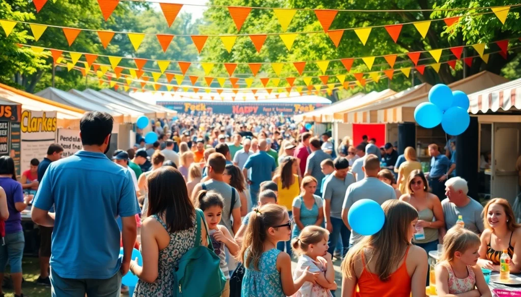 People enjoying Clarksburg events at a vibrant outdoor festival with food stalls and live music.