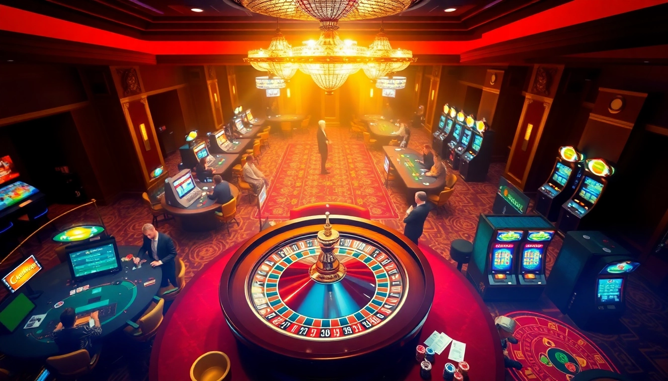 Vivez une expérience de jeu exaltante dans un casino en ligne avec des machines à sous vibrantes et des joueurs de poker concentrés.