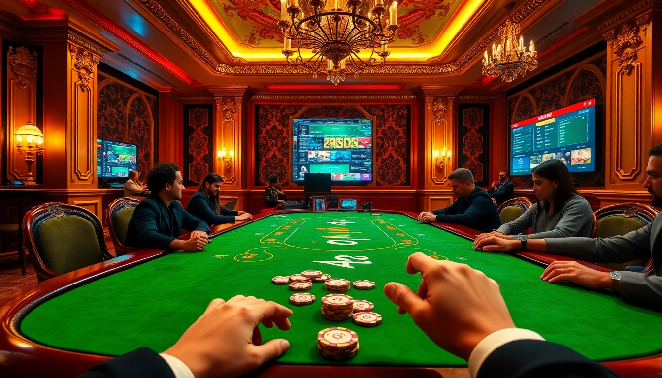 Moments excitants dans un casino en ligne avec des joueurs profitant du poker, couleurs vives et luxe.