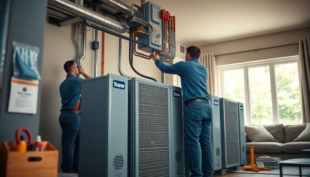 Technicians installing Trane HVAC system, showcasing expertise and professional installation.