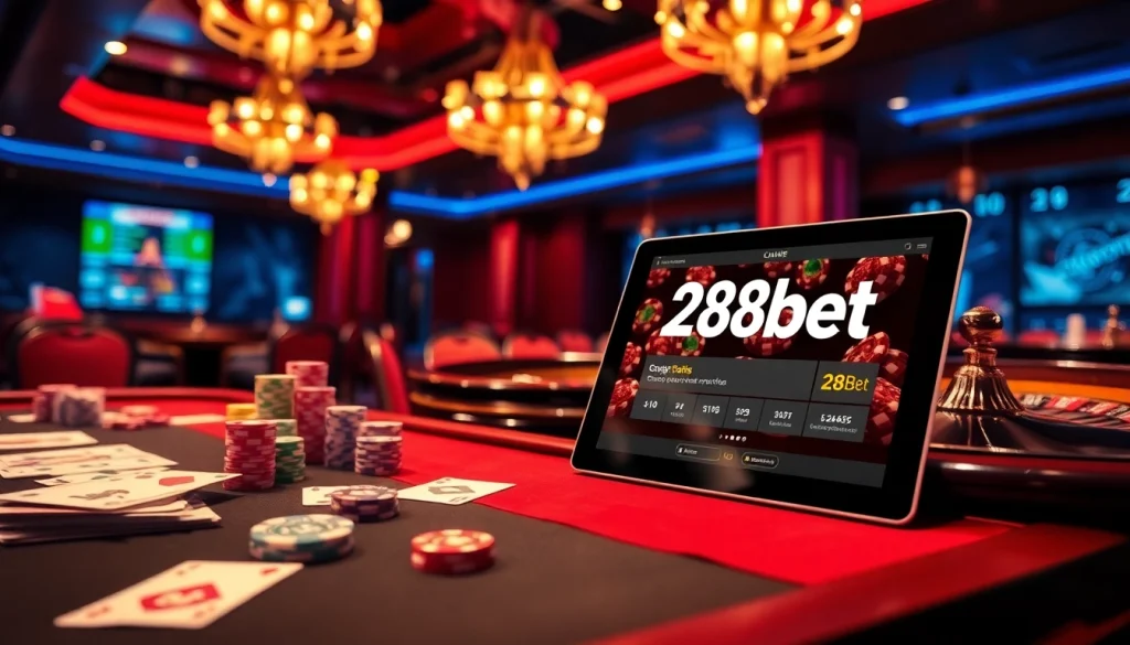 Engaging gambling scene featuring exciting casino elements and the 28bet link displayed on a tablet.