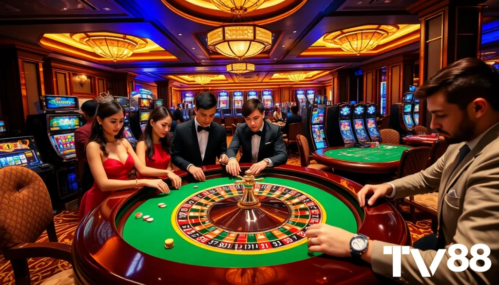 TV88 gaming scene featuring players at a roulette table and vibrant slot machines.