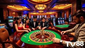 TV88 gaming scene featuring players at a roulette table and vibrant slot machines.