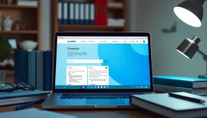 Youdao translation interface displayed on a laptop screen surrounded by translation books, showcasing advanced language solutions.