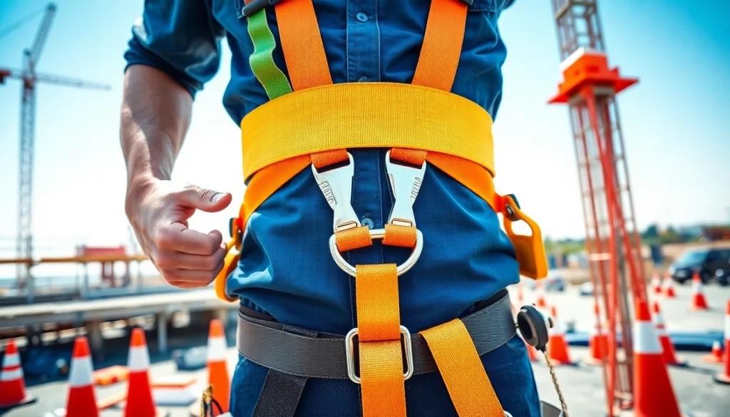 Worker wearing a double lanyard safety harness Kenya at a construction site, enhancing safety.