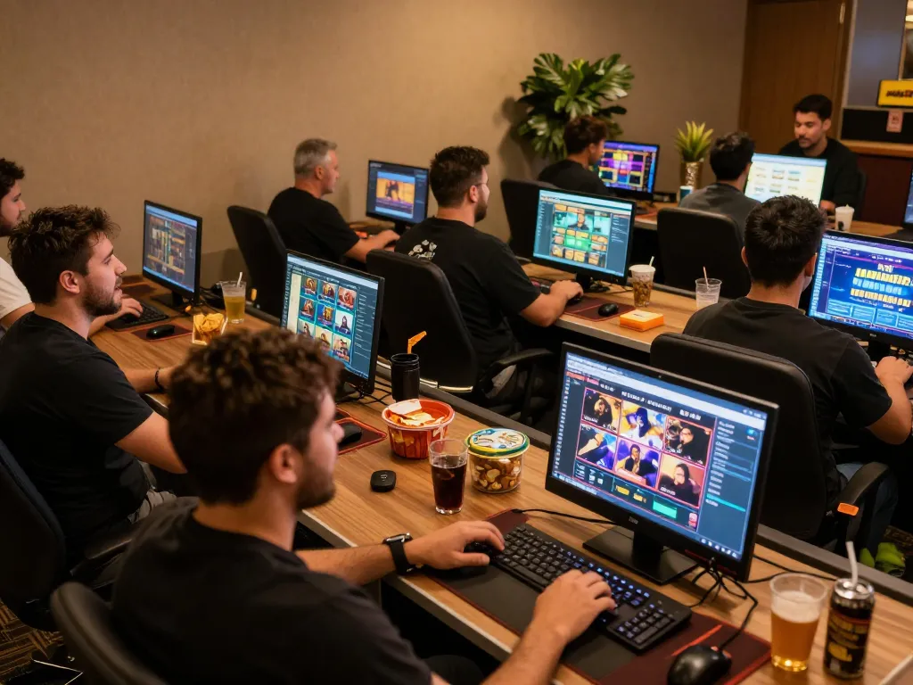 Players engaging with the mm88 casino app on their laptops, creating an exciting online gambling atmosphere.