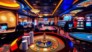 Engaging scene showcasing RR99's vibrant casino atmosphere with poker tables and roulette games.
