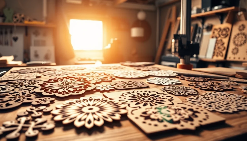 Showcasing laser cutting designs on a workbench with intricate patterns and tools.