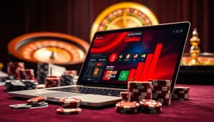 Vivez un gameplay palpitant dans un casino en ligne avec des jetons de poker et une roue de roulette.