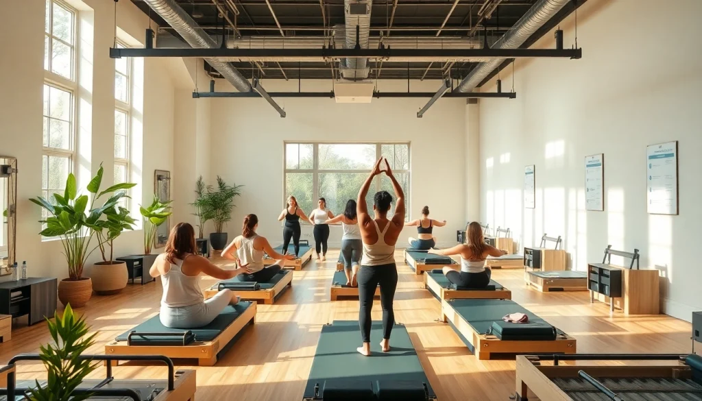 多様なグループが参加するクラスを映した、魅力的なピラティススタジオのシーン。ピラティス おすすめ エクササイズ。