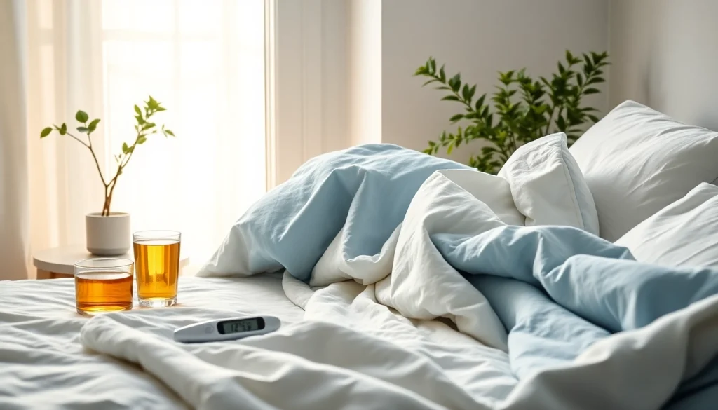 風邪を一晩で治す方法を強調した、暖かい毛布とハーブティーを取り入れた回復を促す安らかな寝室の情景。