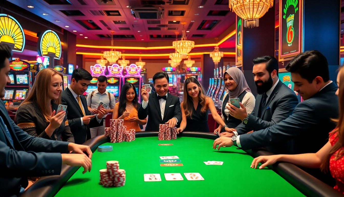 Ikuti judi poker di meja kasino mewah yang dipenuhi dengan kartu dan chip yang berwarna-warni.