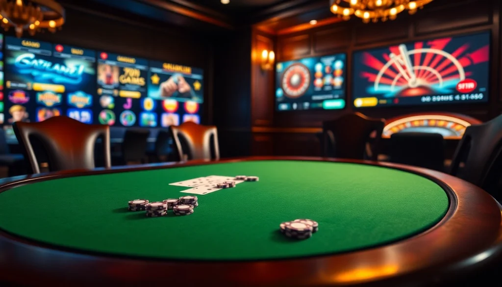 Visuel captivant d'un casino en ligne luxueux mettant en vedette des jetons de poker, des cartes et des jeux numériques.