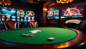 Visuel captivant d'un casino en ligne luxueux mettant en vedette des jetons de poker, des cartes et des jeux numériques.