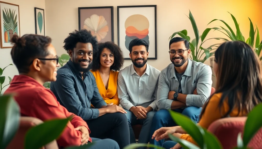 Enhancing mental health awareness through a group therapy session with diverse participants.