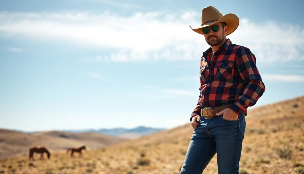 Individual showcasing stylish western wear Canada against a picturesque ranch backdrop.