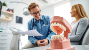 Orthodontist guides a patient on Overbite jaw surgery Hawthorn with a dental model.