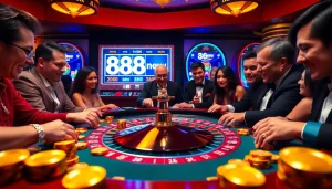Experience the thrill of 888new at a luxurious casino with vibrant roulette and slot machines.