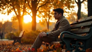 Life in a Break Down illustrated by a contemplative individual sitting on a park bench amid vibrant autumn foliage.
