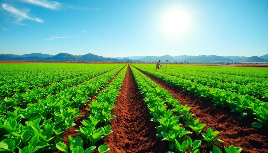 Land irrigation systems enhancing crop growth in a vibrant agricultural field.
