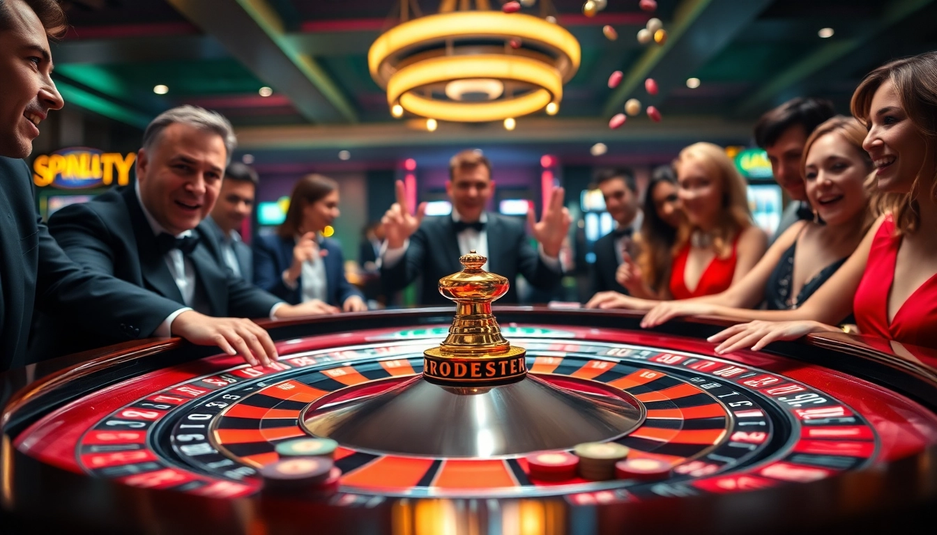 Interwin table with vibrant roulette and excited players in a lively casino setting.