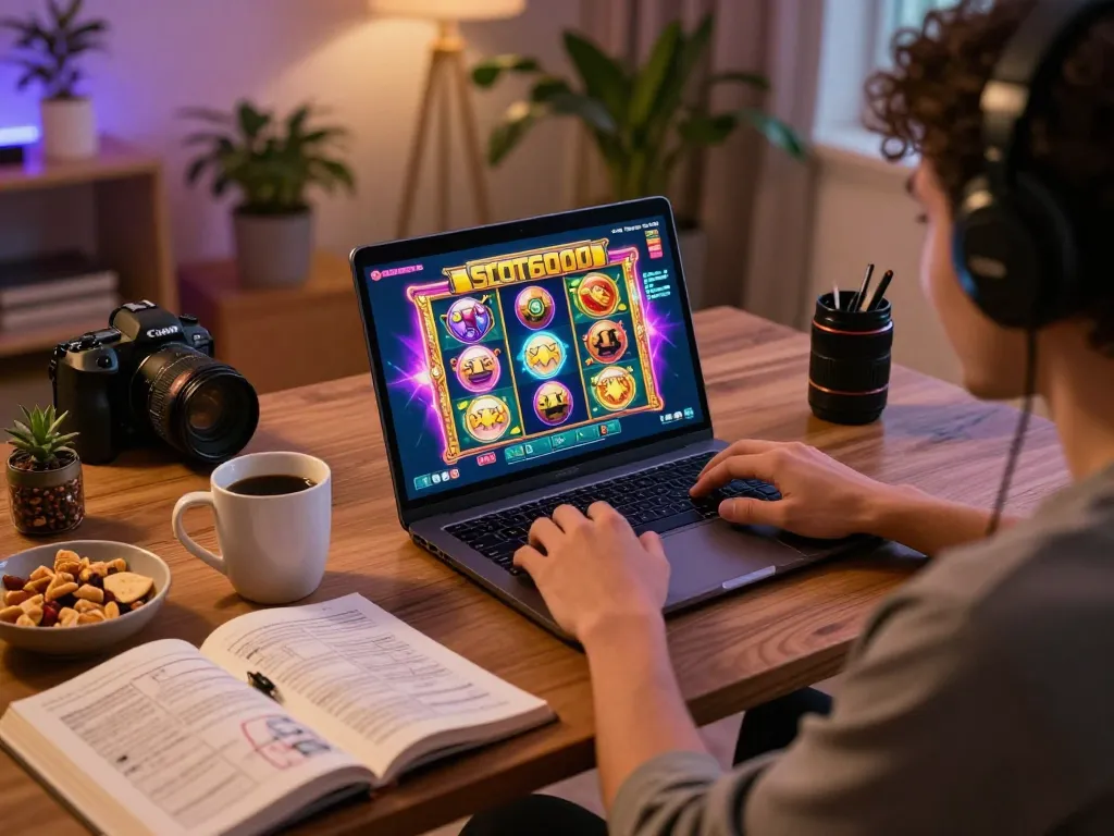 Player engaging in Slot6000 online casino game showcasing exciting graphics on their laptop screen, highlighting Link Gaco for an immersive gaming experience.