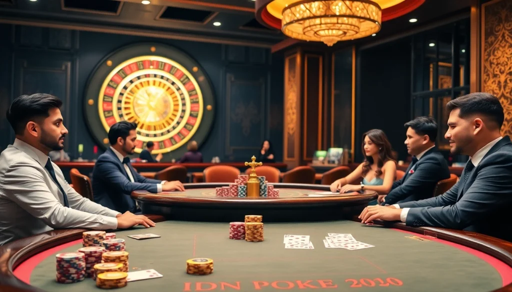 IDN Poker players strategizing at a luxurious casino poker table, with vibrant chips and cards.