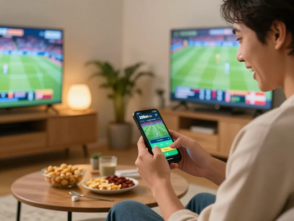 Engaging with the 28bet app on a smartphone in a cozy living room, showcasing online sports betting excitement.