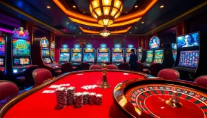 MM88 poker players strategizing at a luxurious casino table filled with chips and cards.