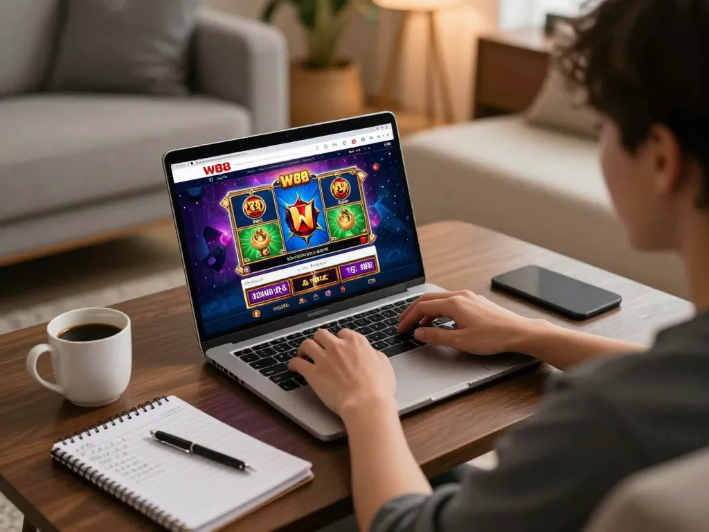 Player engaging with W88 online casino on laptop, showcasing strategic gaming setup at home.