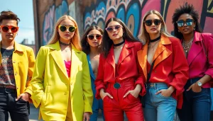 Models presenting vibrant Fashion and Apparel against an urban backdrop, capturing contemporary street style.