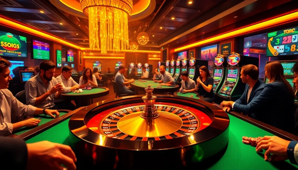 Experience the thrill at Luck8's dynamic casino scene, showcasing roulette and excited gamblers.