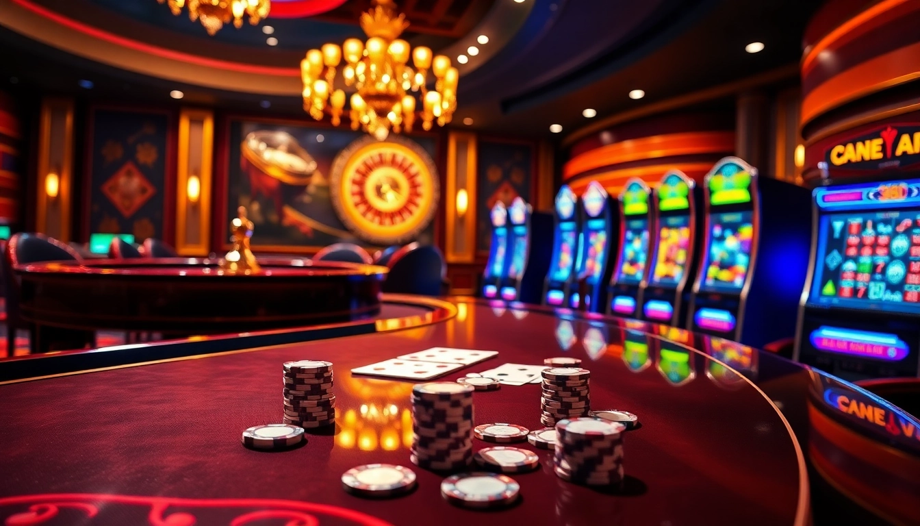 Scène captivante de casino en ligne avec roulette et jeux de cartes dans un environnement luxueux.