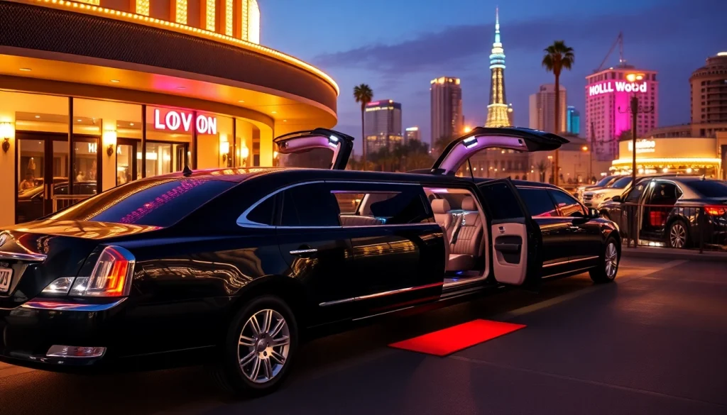Luxury Los Angeles Limo parked at a Hollywood venue, showcasing elegance and style.