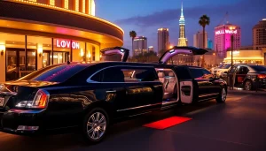 Luxury Los Angeles Limo parked at a Hollywood venue, showcasing elegance and style.